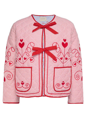 Deep Red seersucker jacket with heart embroidery and red bows.