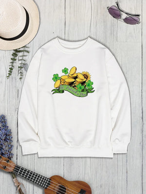 White St. Patrick's Day graphic sweatshirt with gold coins, shamrocks, and sunflower.