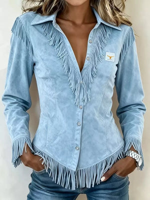 Full Size Fringed Collared Neck Shirt Plus Size in Pink, model styling view