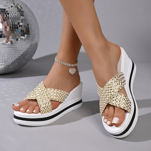 Woven strap high heel wedge sandals in white and gold with a platform sole.
