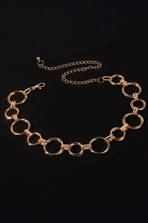 Gold alloy linked circle waist chain with lobster clasp and extender.