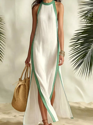 Full Size Slit Striped Sleeveless Maxi Dress in Green, model styling view