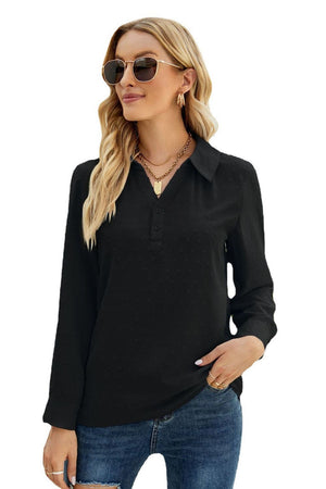 Black textured collared blouse with button placket and long sleeves.