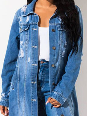 Distressed light wash denim duster coat with button front and frayed details.