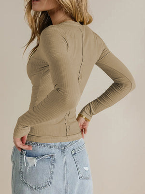 Tan ribbed V-neck long sleeve top with seam detail