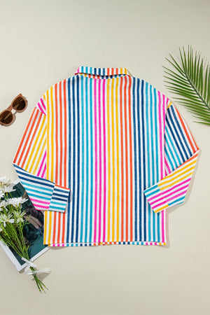 Rainbow stripe relaxed button-down shirt with a collar and long sleeves.