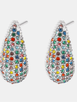 Pavé teardrop stud earrings in multicolor silver with sparkling gemstones.