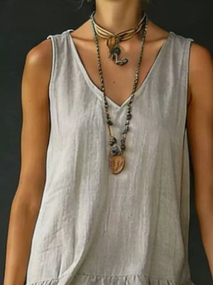 Grey tiered ruffled hem V-neck dress with a relaxed fit.