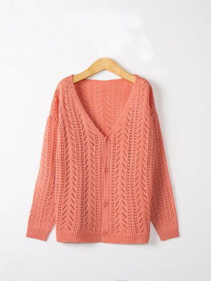 Burnt Coral chevron knit lightweight cardigan with button-down front and V-neck.