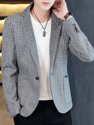 Men's gray micro-plaid slim fit blazer with button closure and notched lapels.