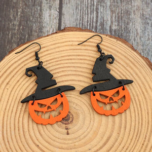 Black witch hat pumpkin Halloween earrings made of wood.