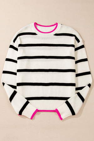 Contrast Trim Breton Knit sweater in stripe with black horizontal stripes and hot pink trim.