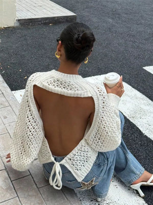 Crochet Knit Raglan Sleeve Sweater in White, model styling view
