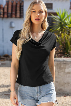 Black cowl neck cap-sleeve tee with a relaxed fit.