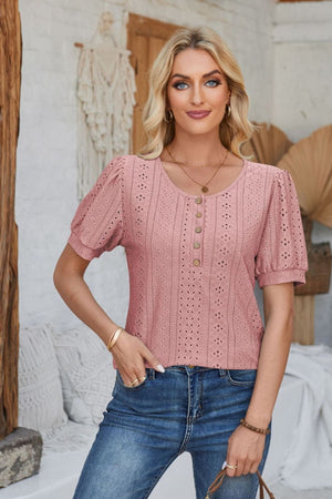 Dusty Pink perforated puff sleeve henley blouse with button detail and eyelet pattern.