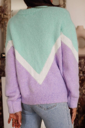 Chevron colorblock knit pullover sweater in lavender, mint green, and white acrylic.