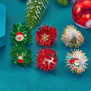 Festive tinsel ball earrings in red, green, and iridescent with Santa, reindeer, and tree charms.