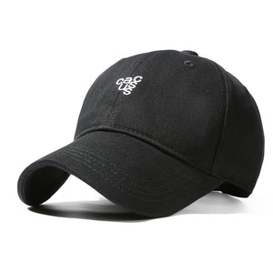 Black baseball cap with curved brim and white embroidered logo detail.