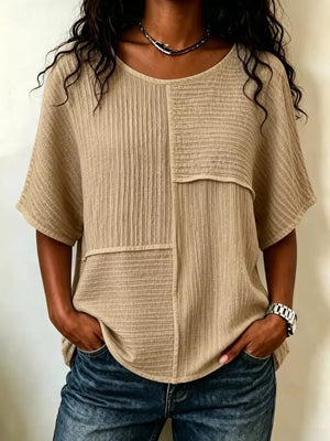 Full Size Texture Round Neck Half Sleeve Blouse, close-up detail