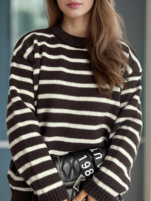 Breton stripe relaxed knit sweater in chocolate and white acrylic with crew neck.