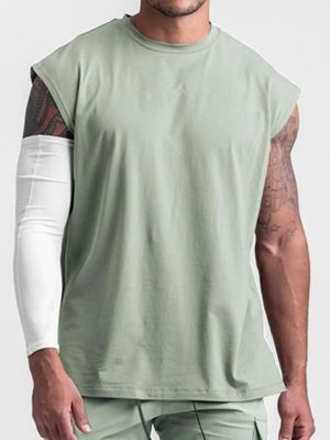 Sage green performance cut sleeveless tee with crew neck and relaxed fit.