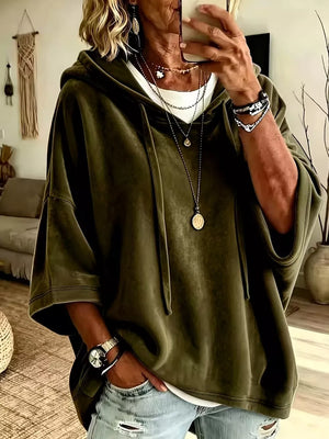 Velvet Loose Fit Hoodie With Drawstring in Khaki, fabric detail
