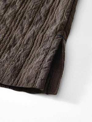 Textured chocolate men's short sleeve blouse with side slit detail