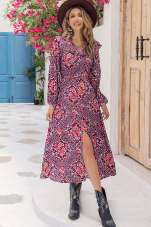 Bohemian purple floral print maxi dress with ruffle collar and high slit