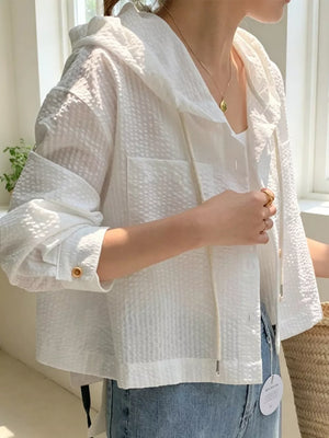Striped Hooded Shirt With Drawstring, fit detail