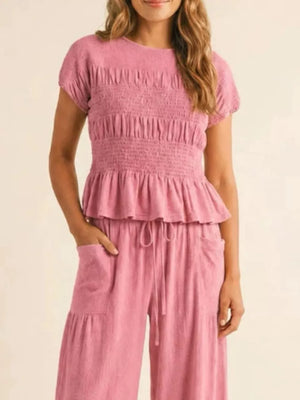 Smocked Peplum Top And Wide-leg Pants Set in Terracotta, side view