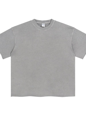 Gray boxy tee with raw hem and relaxed fit