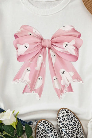 White crewneck sweatshirt with a pink bow graphic featuring ghost designs and lace trim.