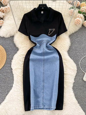 Buttoned denim patchwork bodycon dress with collared neckline and chain detail.