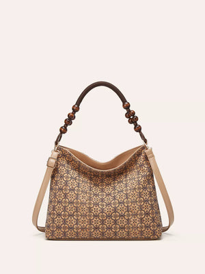 Vibrant Bohemian Hobo Tote in wheat color with geometric pattern and beaded handle