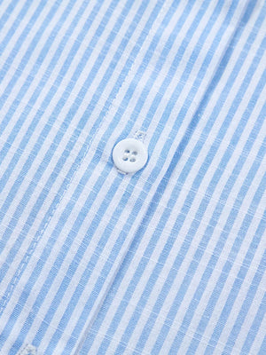 Blue and white striped button-down shirt with white buttons.