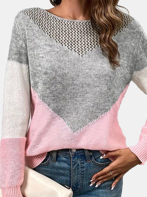Colorblock knit sweater with crochet yoke in pink and gray acrylic.