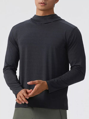 Men's black cotton long sleeve hoodie with a mock neck