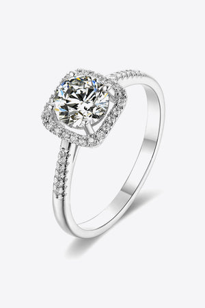 Silver moissanite ring with halo and pavé band in 925 sterling silver