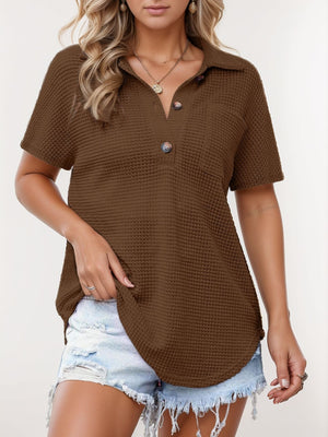 Brown waffle knit polo shirt with button detail and short sleeves