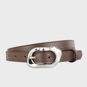 Brown cowhide leather belt with a unique silver buckle.