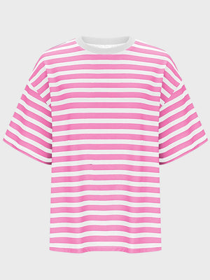 Oversized pink and white striped tee with dropped sleeves and crew neck.