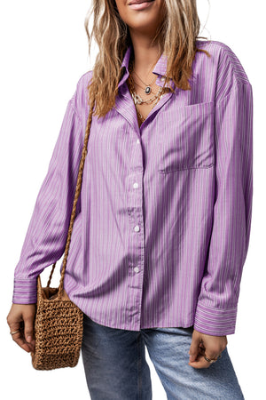 Oversized lilac striped oxford shirt with button front and chest pocket.