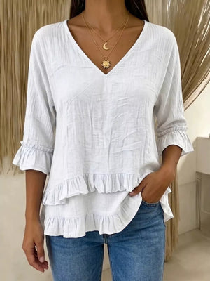 V-neck Ruffle Sleeve Top in White, alternate angle