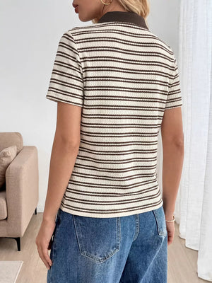 Waffle-knit striped polo t-shirt with brown collar and short sleeves.