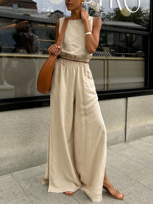 Sleeveless crew neck crop top and tan wide-leg pants set with elastic waist