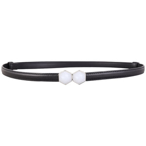 Black cowhide leather belt with geometric white buckle detail
