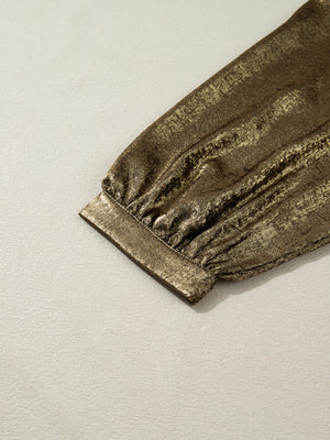 Textured gold blouse with 3/4 sleeves and a crinkled finish.