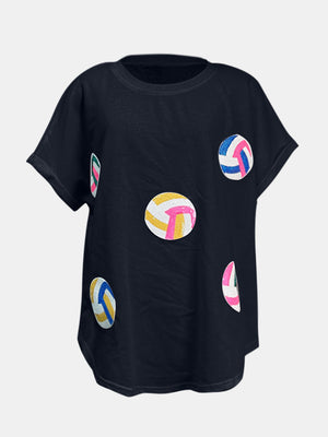 Black t-shirt with colorful sequin volleyball graphics and short sleeves.