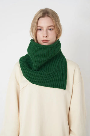 Dark green ribbed neck warmer with extended panel, cozy knit accessory