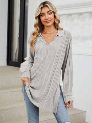 Light gray ribbed knit collared tunic top with V-neck and slit hem